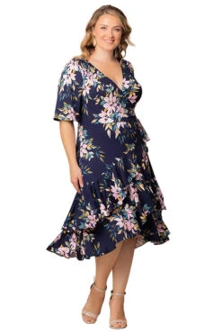 Plus Size Navy Romantic Floral Wrap Dress with Flutter Sleeves
