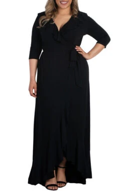 Plus Size Black Ruffle Wrap Maxi Dress - Fluid Jersey Comfort