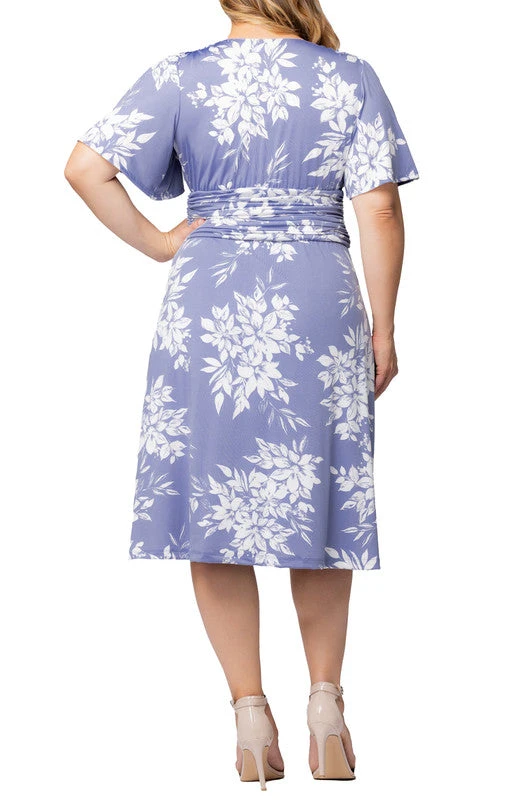 Plus Size Misty Lavender Floral Ruched Tie Dress with Flutter Sleeves 2 Plus Size Misty Lavender Floral Ruched Tie Dress with Flutter Sleeves - Image 2