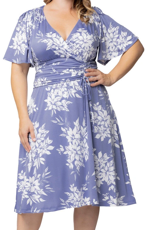 Plus Size Misty Lavender Floral Ruched Tie Dress with Flutter Sleeves 3 Plus Size Misty Lavender Floral Ruched Tie Dress with Flutter Sleeves - Image 3