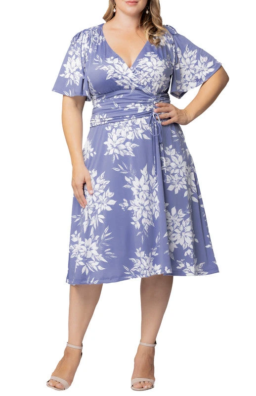 Plus Size Misty Lavender Floral Ruched Tie Dress with Flutter Sleeves 1 Plus Size Misty Lavender Floral Ruched Tie Dress with Flutter Sleeves