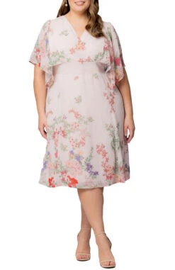 Plus Size Floral Border Print Chiffon Cocktail Dress