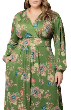 Olive Floral Plus Size Long Sleeve A-Line Midi Dress with Pockets -Dressbarn Store 11250708 OFP Close