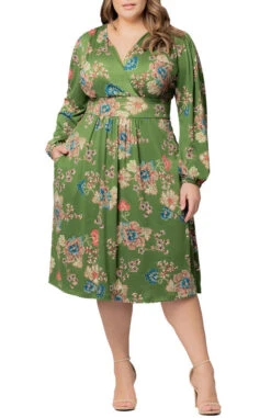 Olive Floral Plus Size Long Sleeve A-Line Midi Dress with Pockets
