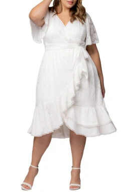 Plus Size White Lace Faux Wrap Cocktail Dress - Elegant Midi Occasion Wear