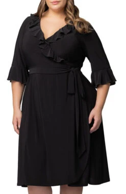 Plus Size Black Midi Wrap Dress with Flounce Sleeves - Barcelona -Dressbarn Store 11252203 BLK Close