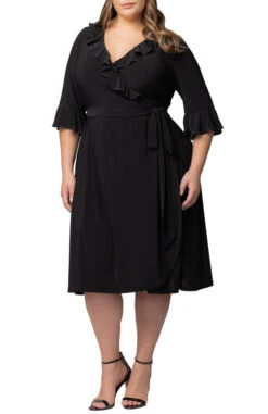 Plus Size Black Midi Wrap Dress with Flounce Sleeves - Barcelona