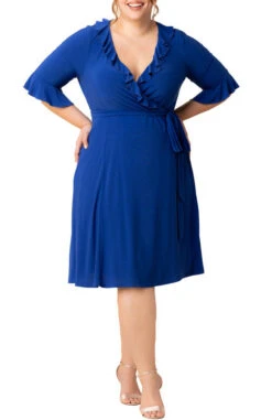 Plus Size Cobalt Blue Midi Wrap Dress - Flattering A-Line Silhouette