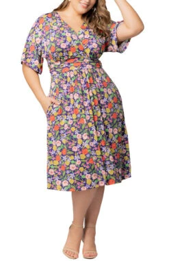 Plus Size Vibrant Garden Print A-Line Midi Dress with Pockets