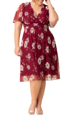 Plus Size Floral Mesh Midi Cocktail Dress with Flutter Sleeves