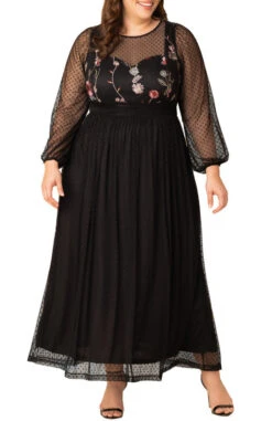 Plus Size Mixed Media Evening Gown with Embroidered Mesh Bodice