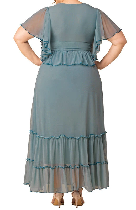 Plus Size Sea Foam Tiered Mesh Gown with Flutter Sleeves 2 Plus Size Sea Foam Tiered Mesh Gown with Flutter Sleeves - Image 2