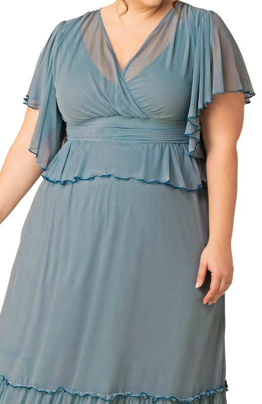 Plus Size Sea Foam Tiered Mesh Gown with Flutter Sleeves 3 Plus Size Sea Foam Tiered Mesh Gown with Flutter Sleeves - Image 3