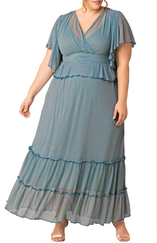 Plus Size Sea Foam Tiered Mesh Gown with Flutter Sleeves 1 Plus Size Sea Foam Tiered Mesh Gown with Flutter Sleeves