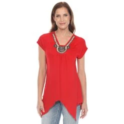 Red Beaded Neckline Angled Hem Knit Top - Soft Flattering Fit