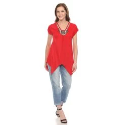 Red Beaded Neckline Angled Hem Knit Top - Soft Flattering Fit -Dressbarn Store 1288B 09 5