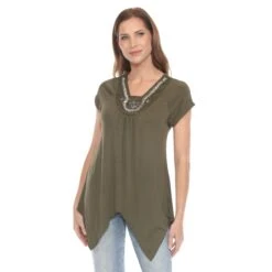 Olive Green Beaded Knit Top - Flattering Angled Hem Tunic for Women
