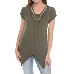 Olive Green Beaded Knit Top - Flattering Angled Hem Tunic for Women -Dressbarn Store 1288B 14 4