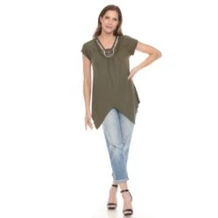 Olive Green Beaded Knit Top - Flattering Angled Hem Tunic for Women -Dressbarn Store 1288B 14 5