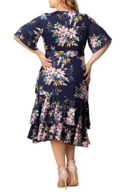 Plus Size Navy Romantic Floral Wrap Dress with Flutter Sleeves -Dressbarn Store 13212202 NRF Back