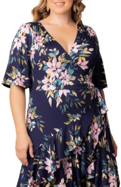 Plus Size Navy Romantic Floral Wrap Dress with Flutter Sleeves -Dressbarn Store 13212202 NRF Close