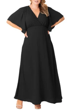 Plus Size Flutter Sleeve Gown - Elegant Floor-Length Evening Dress