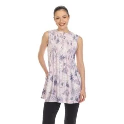White Mark Lavender Floral Sleeveless Tunic Top with Side Pockets