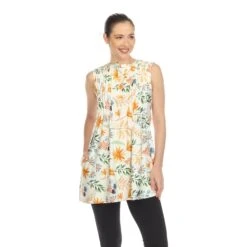 White Mark White Floral Sleeveless Tunic Top with Pin-Tuck Detail