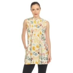 White Mark Beige Floral Sleeveless Tunic Top - Pleated Front with Pockets