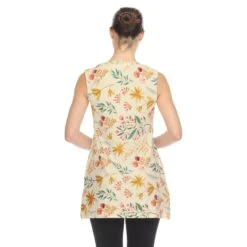 White Mark Beige Floral Sleeveless Tunic Top - Pleated Front with Pockets -Dressbarn Store 1327 519 3