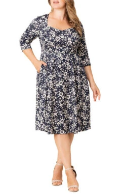 Plus Size Aegean Blue Floral Sweetheart Cocktail Dress with 3/4 Sleeves