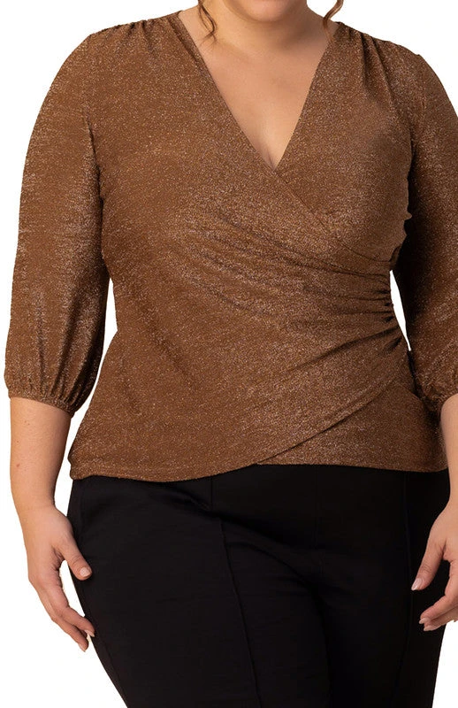 Plus Size Faux Wrap Sparkly Blouse with Elegant Lantern Sleeves 3 Plus Size Faux Wrap Sparkly Blouse with Elegant Lantern Sleeves - Image 3