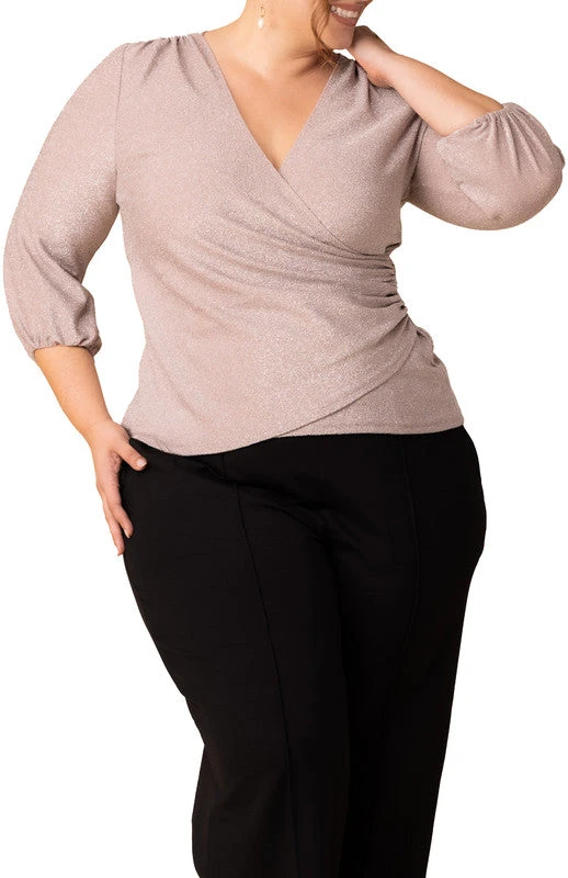 Plus Size Faux Wrap Sparkly Blouse with Elegant Lantern Sleeves 4 Plus Size Faux Wrap Sparkly Blouse with Elegant Lantern Sleeves - Image 4