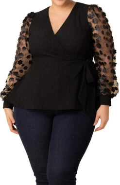 Plus Size Scattered Petals Long Sleeve Wrap Top - Black Floral Peplum Blouse