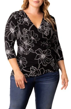 Plus Size Black Faux Wrap Top with Draped Waist