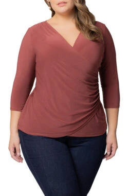 Plus Size Femme Fatale Faux Wrap Top - Elegant Marsala Draped Blouse