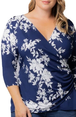 Navy Floral Print Plus Size Faux Wrap Top with Draped Waist -Dressbarn Store 23152201 NFP Close