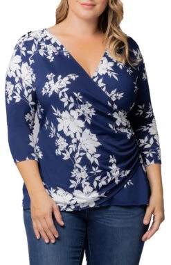 Navy Floral Print Plus Size Faux Wrap Top with Draped Waist