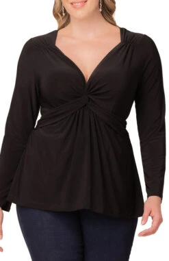 Plus Size Long Sleeve Twist Front V-Neck Knit Top - Black Noir 5 Plus Size Long Sleeve Twist Front V-Neck Knit Top - Black Noir -Dressbarn Store 23252201 BLK Close