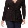 Plus Size Long Sleeve Twist Front V-Neck Knit Top - Black Noir