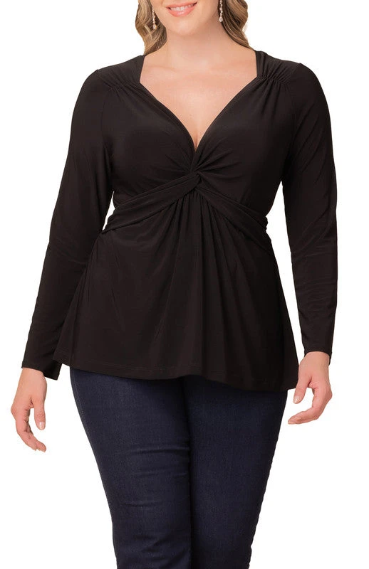 Plus Size Long Sleeve Twist Front V-Neck Knit Top - Black Noir 1 Plus Size Long Sleeve Twist Front V-Neck Knit Top - Black Noir