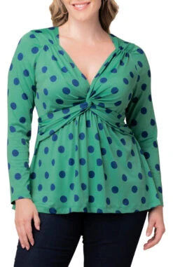 Plus Size Green Polka Dot Twist Front Long Sleeve V-Neck Top -Dressbarn Store 23252201 GDT Close