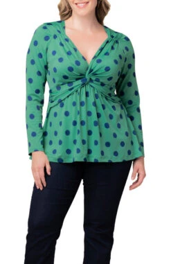 Plus Size Green Polka Dot Twist Front Long Sleeve V-Neck Top