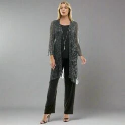 Elegant 2-Piece Evening Pant Set with Detachable Statement Necklace -Dressbarn Store 2fer pant set w detachable necklace blacksilver 349715