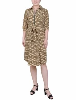 Petite Midi Shirtdress with Zip-Front and Roll Tab Sleeves