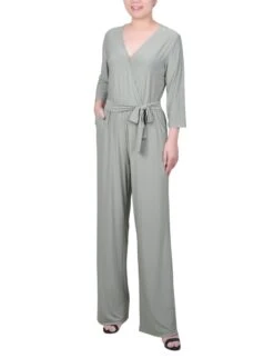 Petite Wide Leg Jersey Jumpsuit - 3/4 Sleeve Belted One-Piece