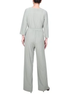 Petite Wide Leg Jersey Jumpsuit - 3/4 Sleeve Belted One-Piece -Dressbarn Store 34 sleeve belted jumpsuit petite 626293
