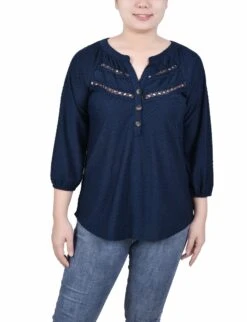 Petite Swiss Dot 3/4 Sleeve Knit Top with Crochet Neckline