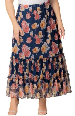 Plus Size Tiered Mesh Maxi Skirt with Flowing Ruffle Trim