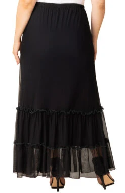 Plus Size Tiered Mesh Maxi Skirt with Flowing Ruffle Trim 13 Plus Size Tiered Mesh Maxi Skirt with Flowing Ruffle Trim -Dressbarn Store 42253601 BLK Back